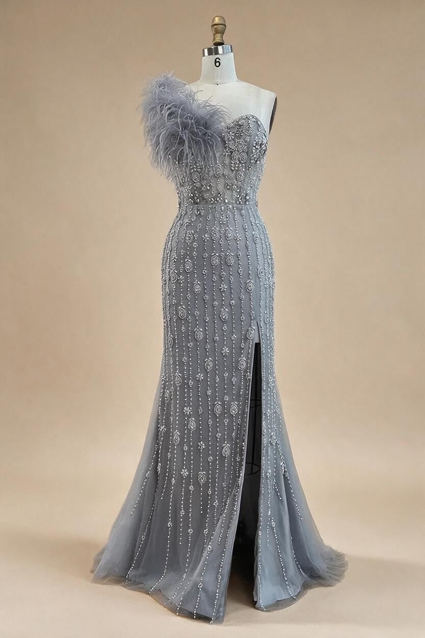 Gray Mermaid One Shoulder High Split Beaded Feather Evening Dress Party Gowns for Women DLA72347 Customized | Nightbubo