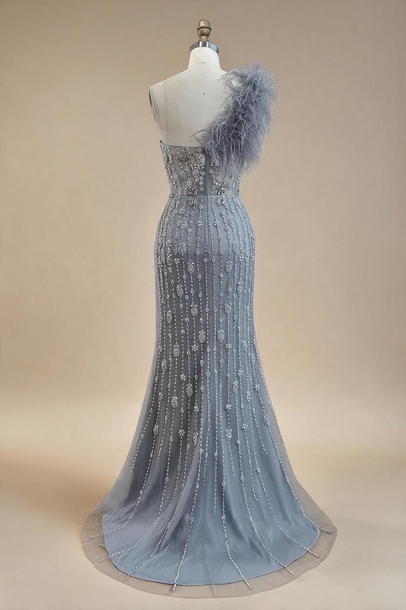 Gray Mermaid One Shoulder High Split Beaded Feather Evening Dress Party Gowns for Women DLA72347 Customized | Nightbubo