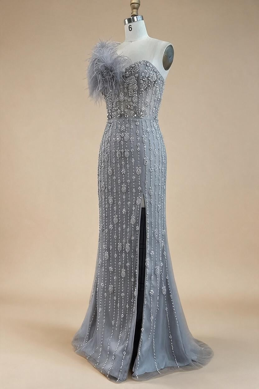 Gray Mermaid One Shoulder High Split Beaded Feather Evening Dress Party Gowns for Women DLA72347 Customized | Nightbubo