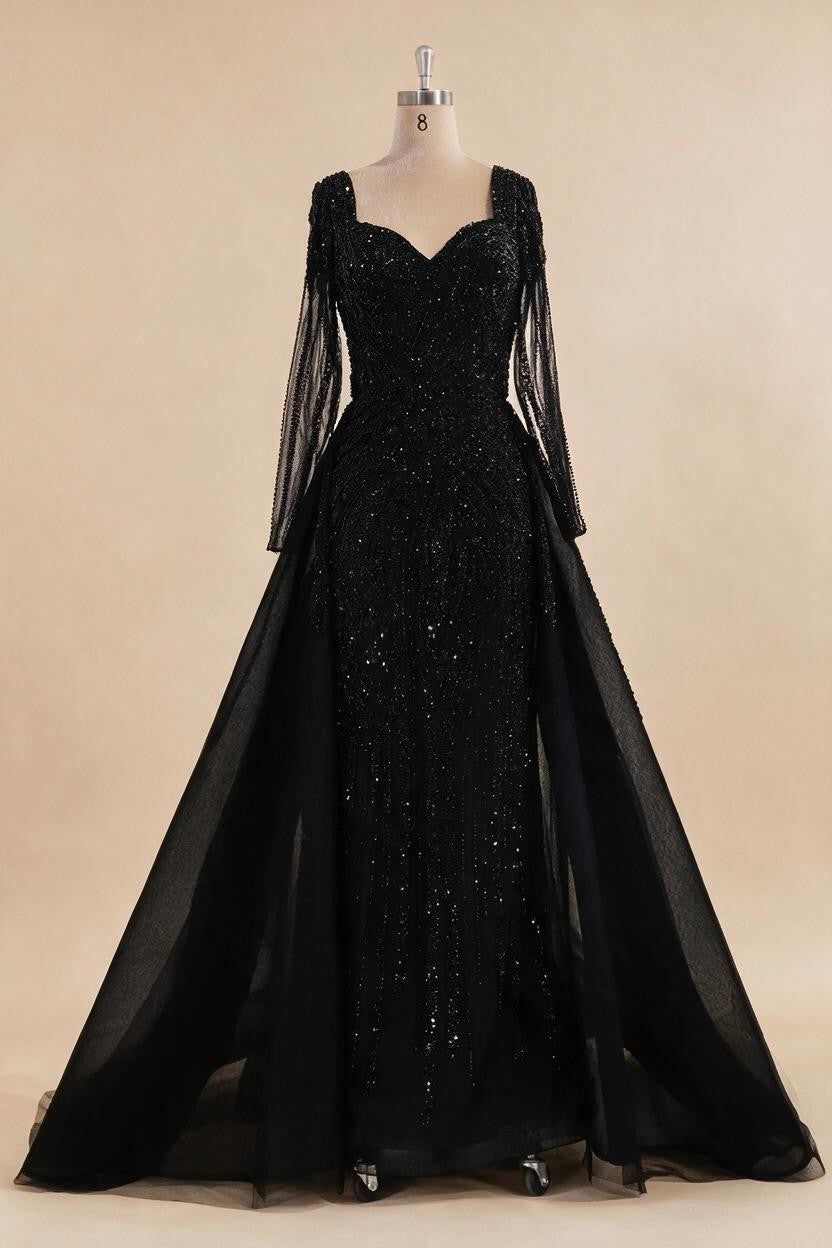 Black Long Sleeves Luxury Beaded Evening Dress Overskirt Formal Party Gowns for Women DLA73198 Customized | Nightbubo