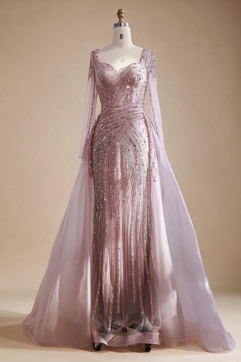 Black Long Sleeves Luxury Beaded Evening Dress Overskirt Formal Party Gowns for Women DLA73198 Customized | Nightbubo