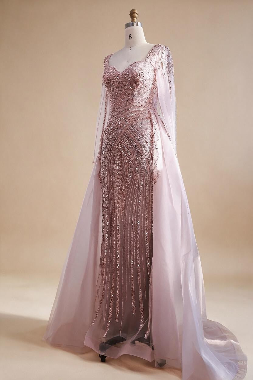 Black Long Sleeves Luxury Beaded Evening Dress Overskirt Formal Party Gowns for Women DLA73198 Customized | Nightbubo