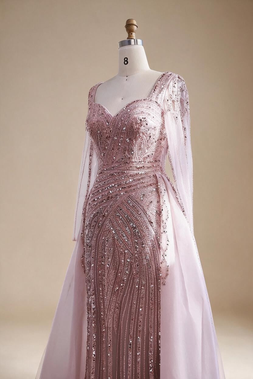 Black Long Sleeves Luxury Beaded Evening Dress Overskirt Formal Party Gowns for Women DLA73198 Customized | Nightbubo