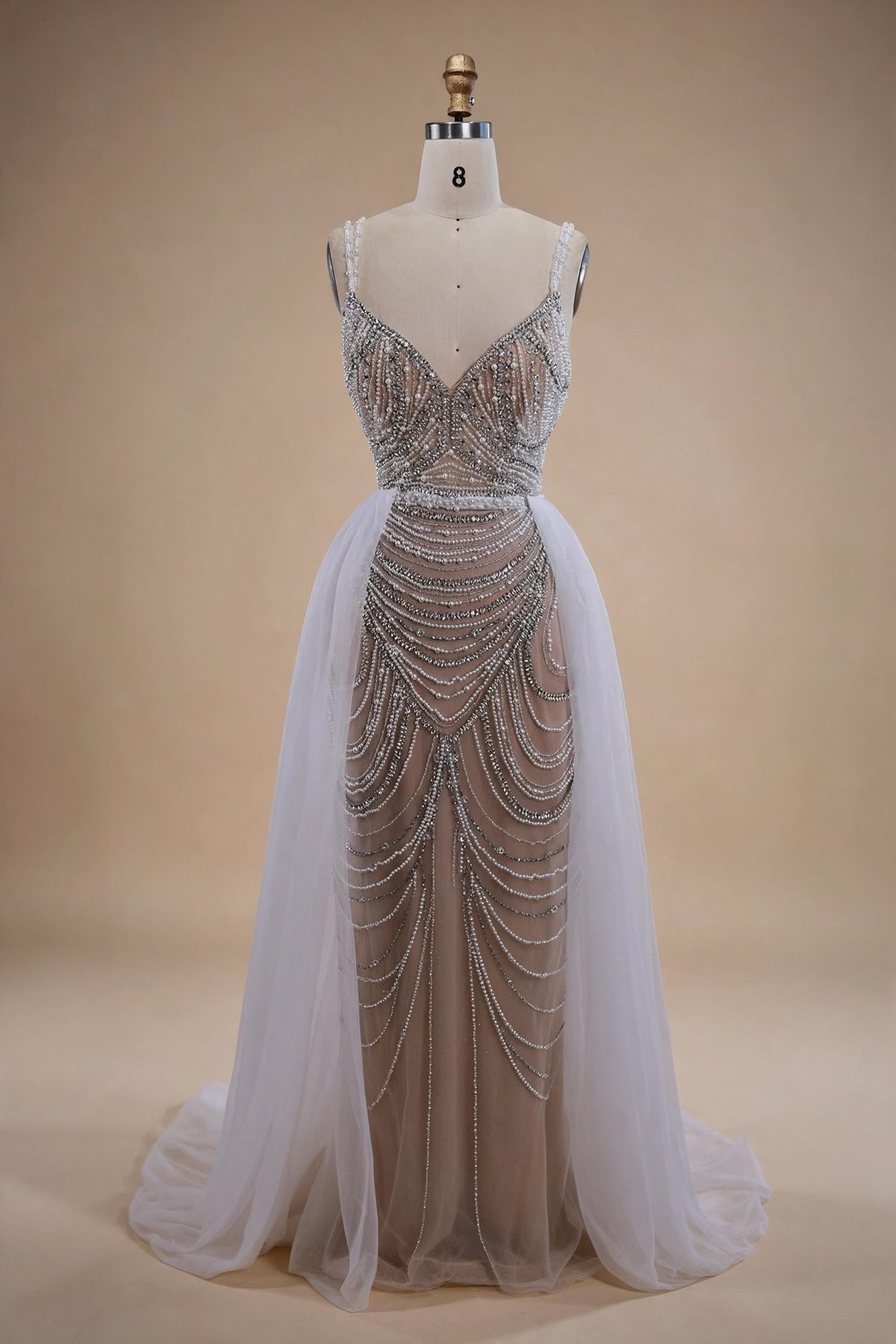 White Nude V-neck Sleeveless Mermaid Beaded Evening Dress with Overskirt Wedding Party Gowns DLA72253A Customized | Nightbubo