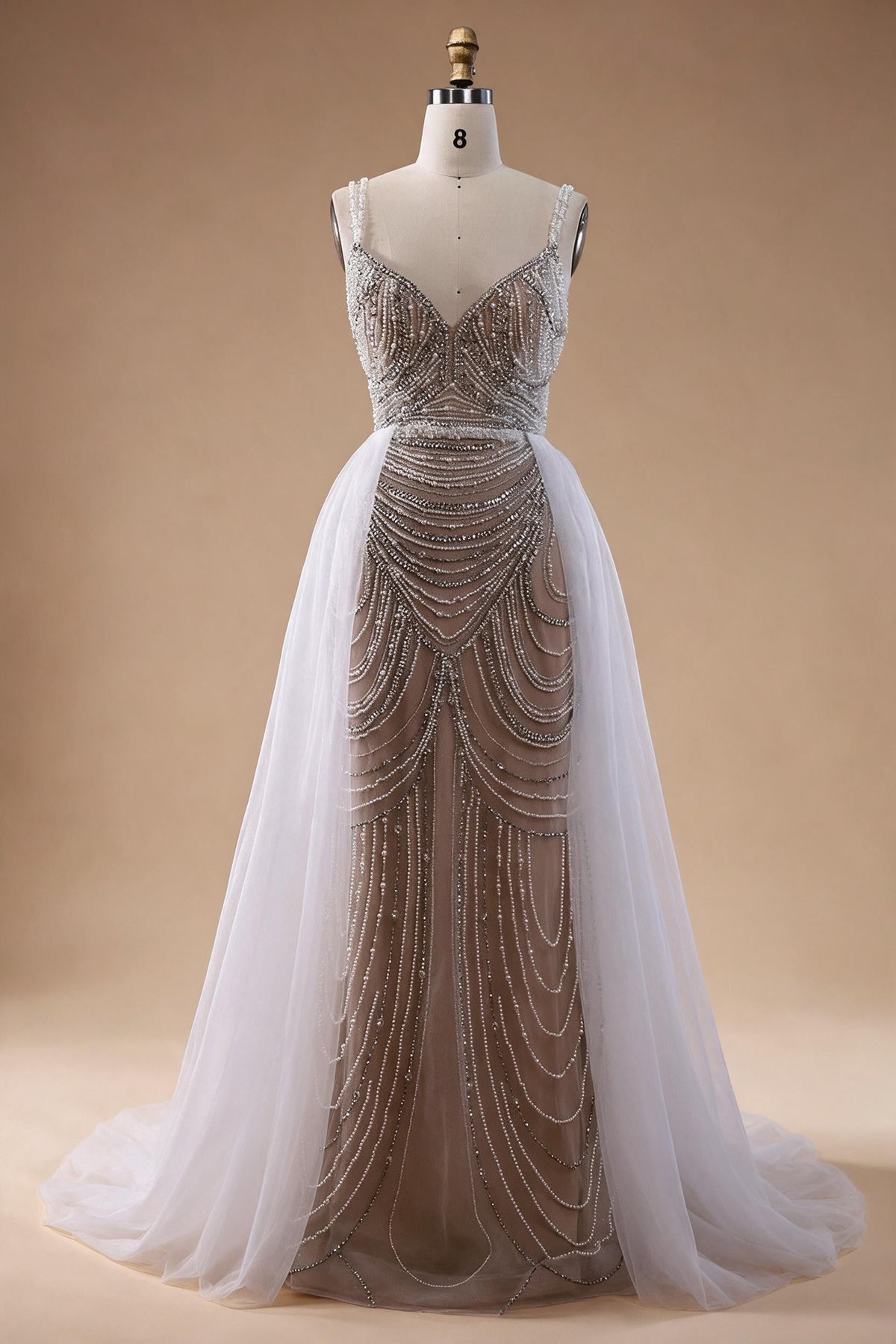 White Nude V-neck Sleeveless Mermaid Beaded Evening Dress with Overskirt Wedding Party Gowns DLA72253A Customized | Nightbubo