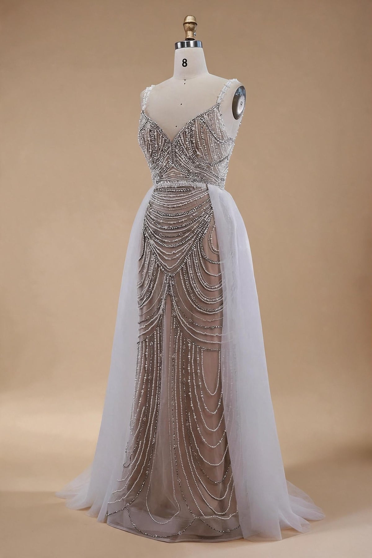 White Nude V-neck Sleeveless Mermaid Beaded Evening Dress with Overskirt Wedding Party Gowns DLA72253A Customized | Nightbubo