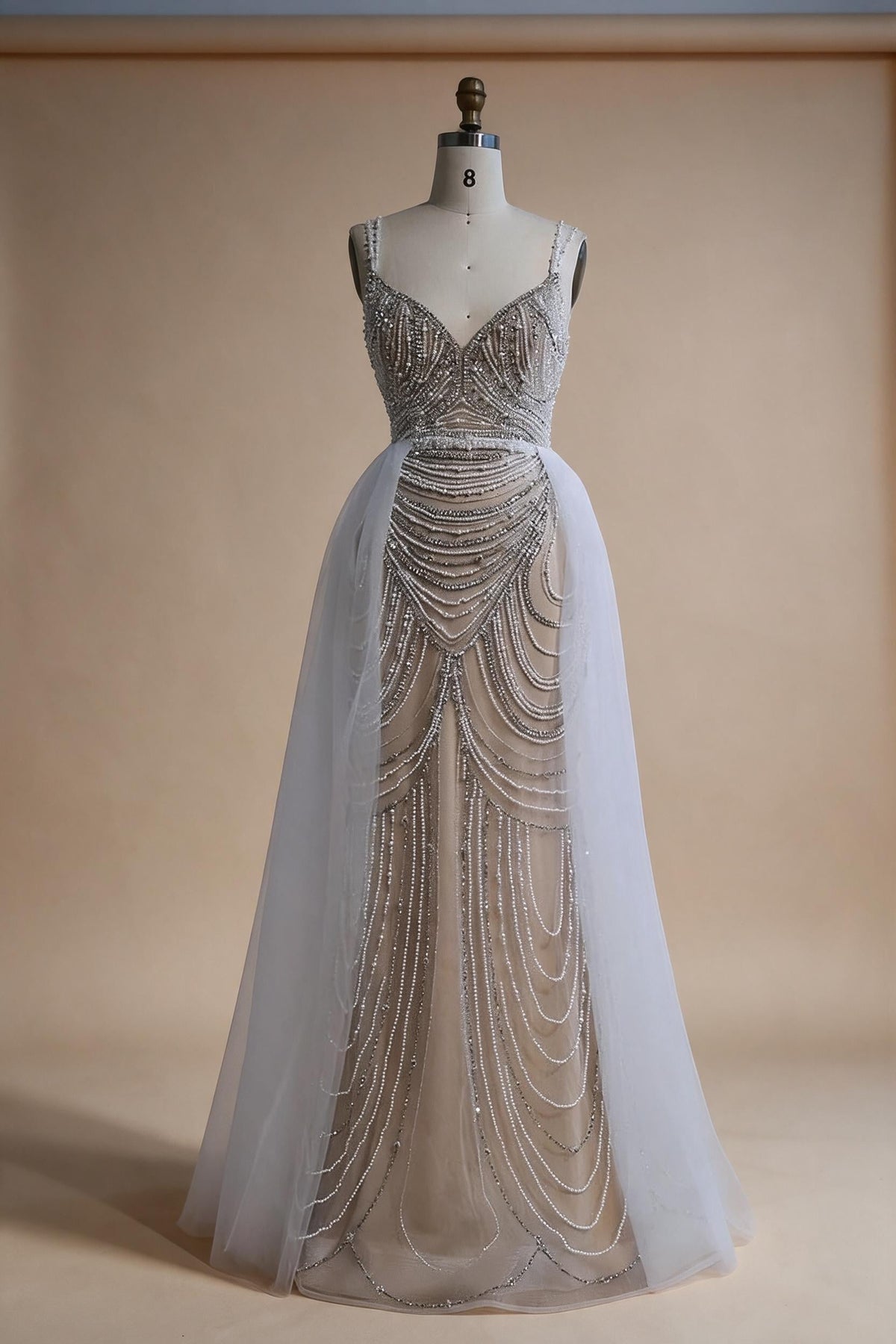 White Nude V-neck Sleeveless Mermaid Beaded Evening Dress with Overskirt Wedding Party Gowns DLA72253A Customized | Nightbubo