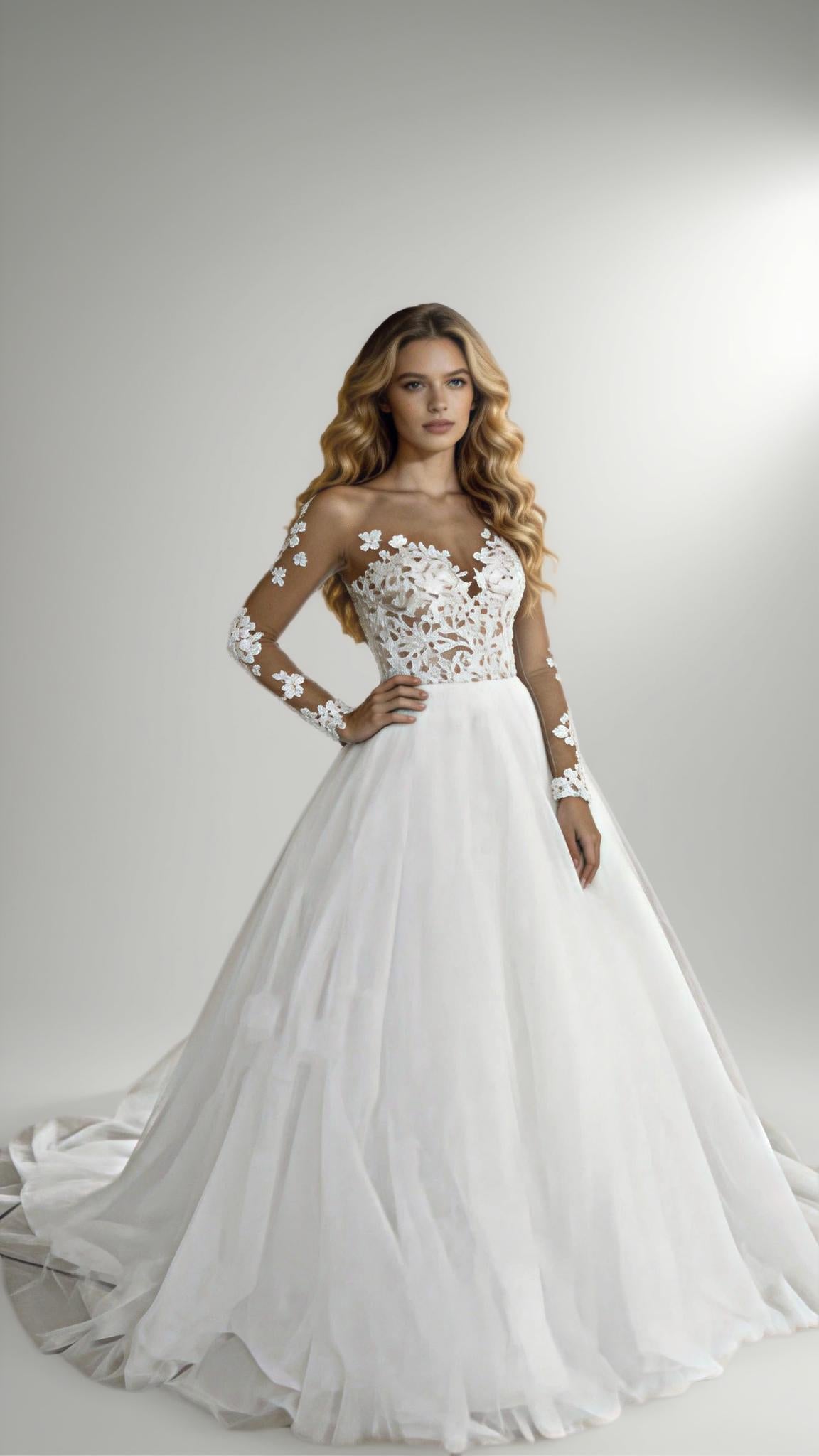2025 Illusion Scoop Long Sleeve Wedding Dresses Lace Appliques Sheer Back White/ Ivory Tulle Wedding Dress Lace Wedding Gowns