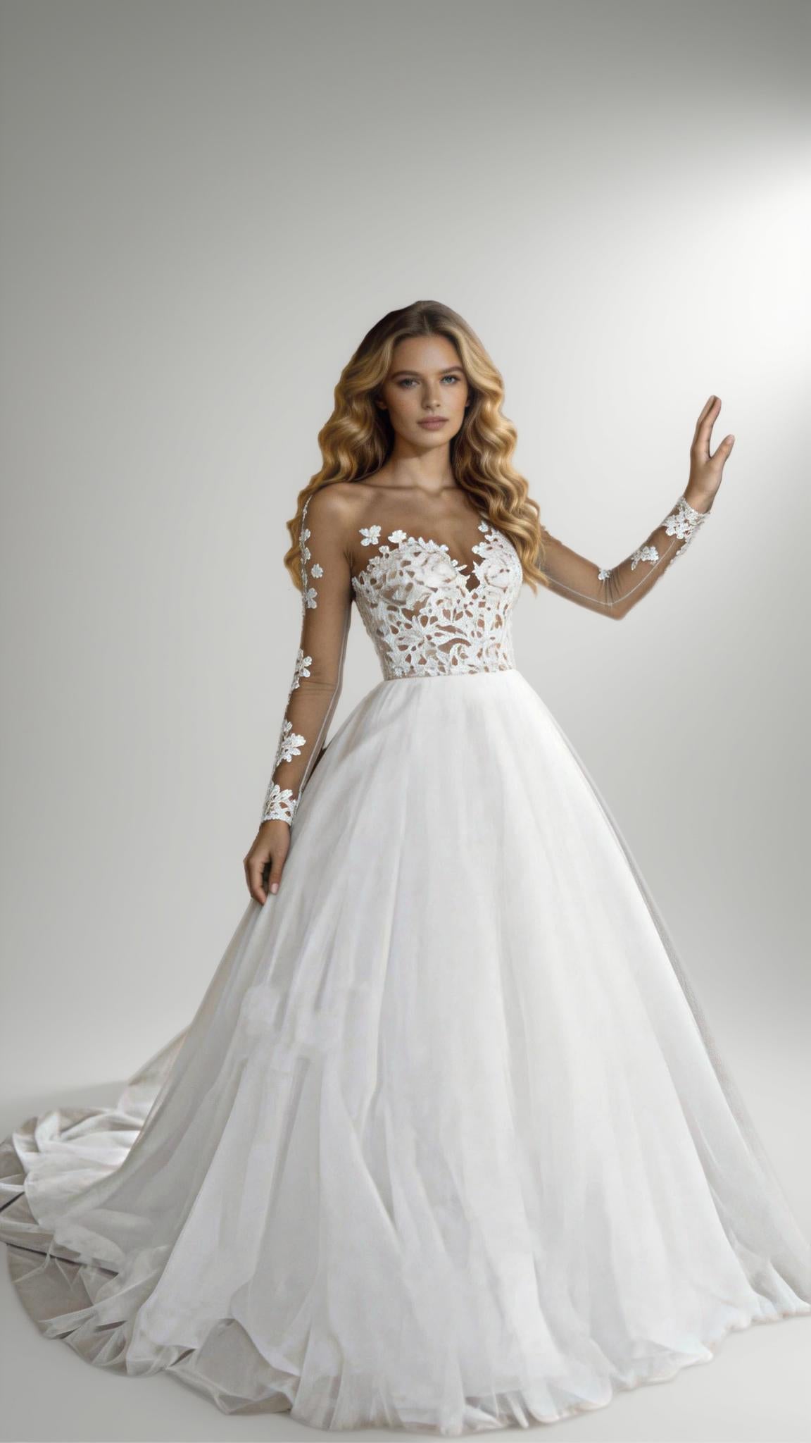 2025 Illusion Scoop Long Sleeve Wedding Dresses Lace Appliques Sheer Back White/ Ivory Tulle Wedding Dress Lace Wedding Gowns