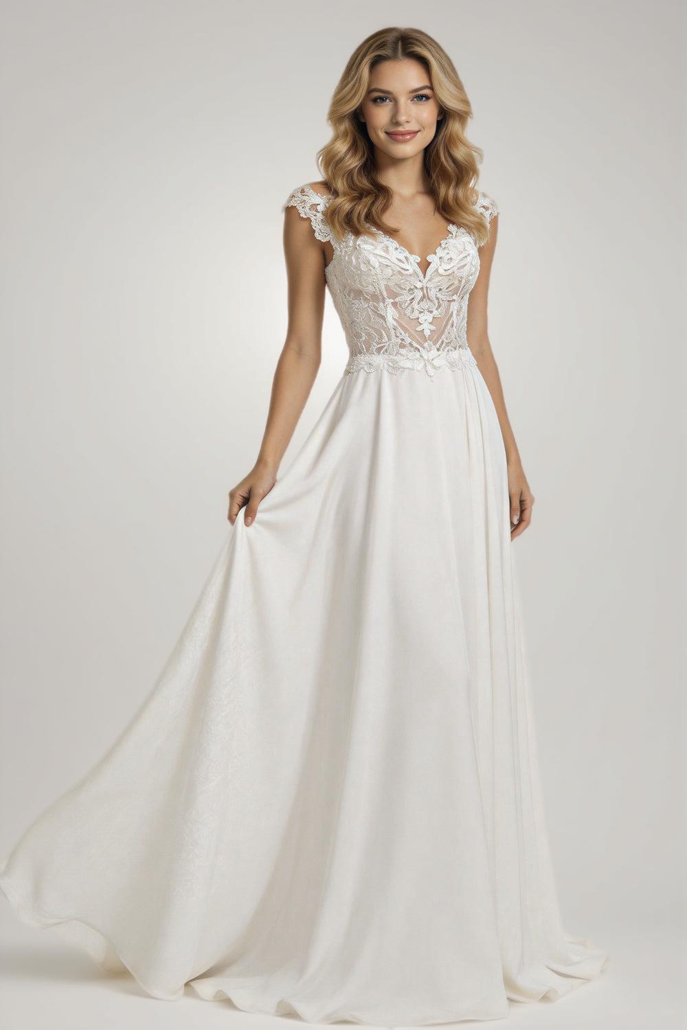 Modern V-Neck Wedding Dresses Lace Appliques Chiffon Backless Boho A-Line Bride Gown Backless Sweep Train Vestido de novia