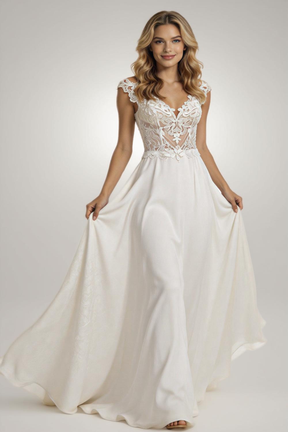 Modern V-Neck Wedding Dresses Lace Appliques Chiffon Backless Boho A-Line Bride Gown Backless Sweep Train Vestido de novia