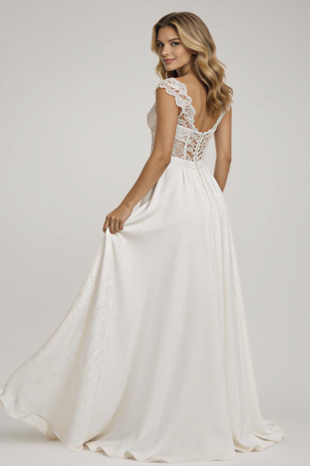 Modern V-Neck Wedding Dresses Lace Appliques Chiffon Backless Boho A-Line Bride Gown Backless Sweep Train Vestido de novia
