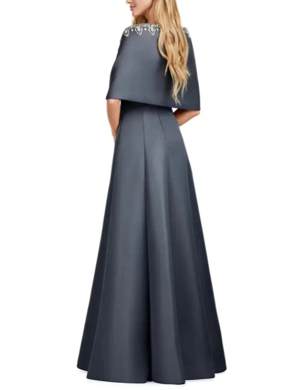 Vestido de mãe da noiva em duas peças, corte A, elegante, decote redondo, comprimento até ao chão, cetim, sem mangas, com cristais franzidos