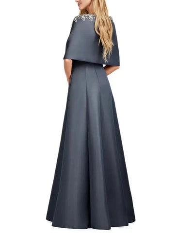 Zweiteiliges A-Linien-Kleid für die Mutter der Braut, Hochzeitsgast, elegant, U-Ausschnitt, bodenlang, Satin, ärmellos, mit Kristallen, Rüschen