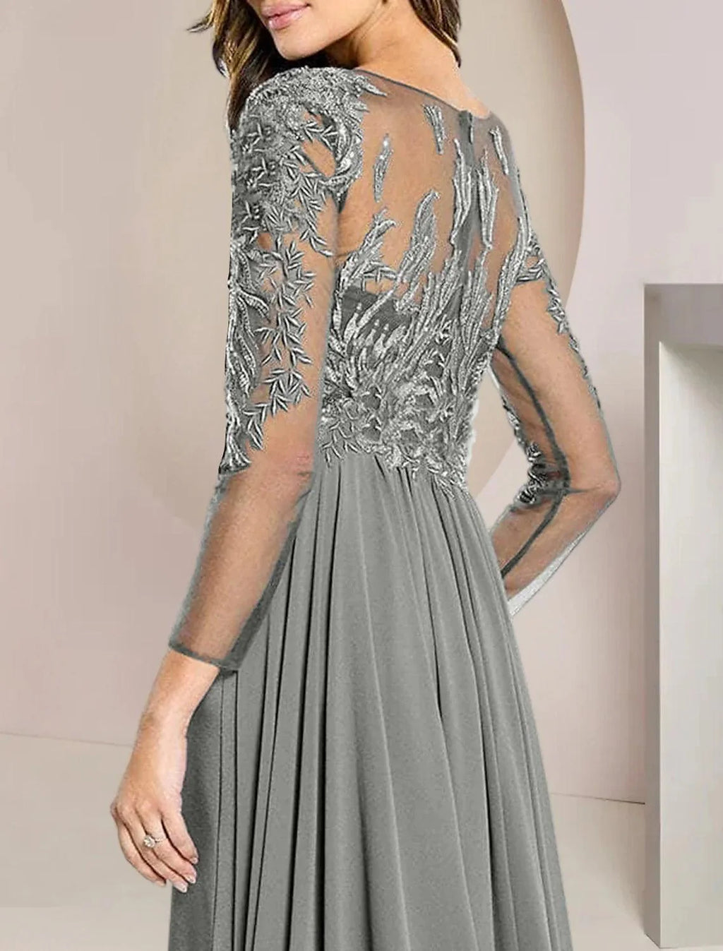 Vestido tubinho/coluna para mãe da noiva, convidado formal de casamento, elegante, decote redondo, comprimento até ao chão, chiffon, renda, manga comprida com aplicações de missangas