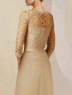 Vestido tubinho/coluna para mãe da noiva, festa formal para convidados de casamento, elegante, decote redondo, comprimento até ao chão, chiffon, renda, manga 3/4 com laço(s), aplicações