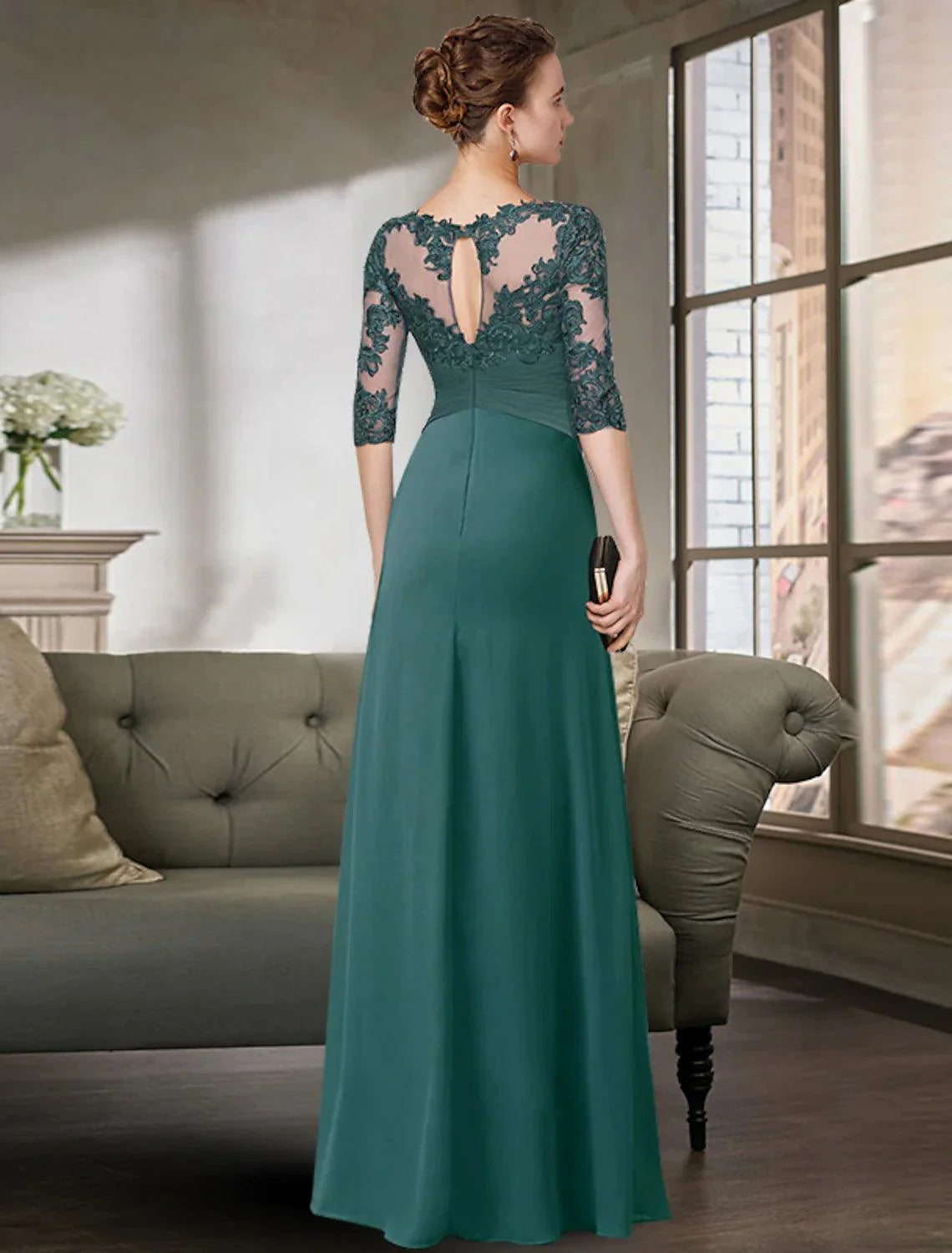 Vestido de mãe da noiva com bainha/coluna, simples e elegante, decote em joia, comprimento até ao chão, chiffon, renda, meia manga com pregas, cor sólida