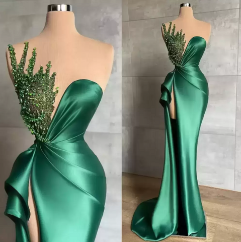 Biztunnel Langes Meerjungfrau-Ballkleid mit Herzausschnitt und Perlen in Grün