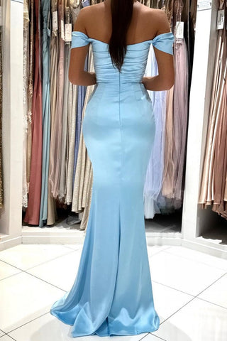 Biztunnel Schlichtes, himmelblaues, langes, schulterfreies Satin-Ballkleid im Meerjungfrauenstil mit Schlitz