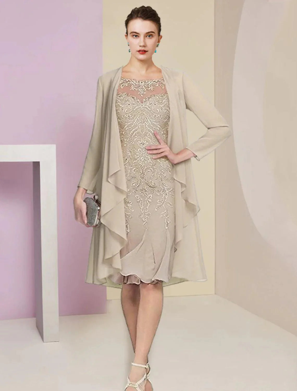 Vestido de mãe da noiva em duas peças, estilo sereia/trompete, para convidada de casamento, vintage, elegante, decote redondo, comprimento até ao joelho, chiffon, renda, manga curta, com pregas e aplicações