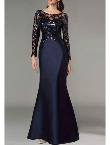 Meerjungfrau/Trompete Kleid für die Mutter der Braut, Herbst, Hochzeitsgast, elegant, funkelnd und glänzend, Juwelenhals, bodenlang, Satin, Pailletten, lange Ärmel mit Pailletten, Farbblock
