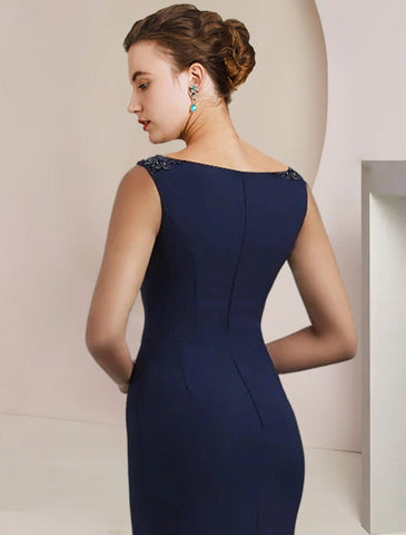 Meerjungfrau/Trompete Kleid für die Brautmutter, formeller Hochzeitsgast, elegant, U-Ausschnitt, Pinselschleppe, Chiffon, ärmellos, mit Perlenstickerei