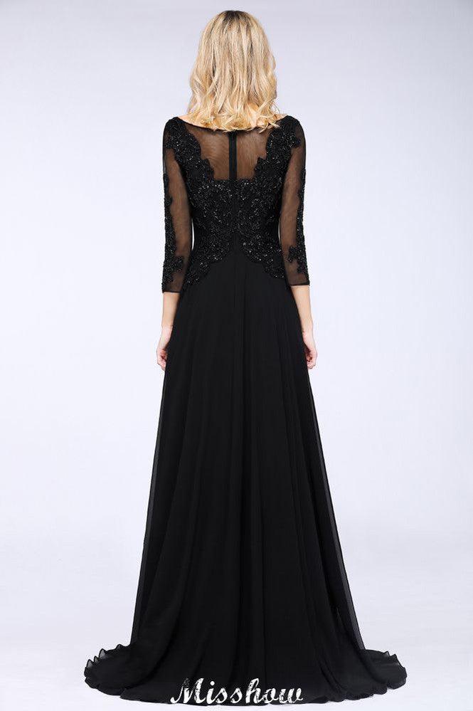 Black 3/4 Sleeves Beads A-Line Appliques Bridesmaid Dresses Tulle Party Dress