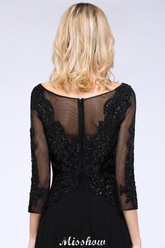 Black 3/4 Sleeves Beads A-Line Appliques Bridesmaid Dresses Tulle Party Dress