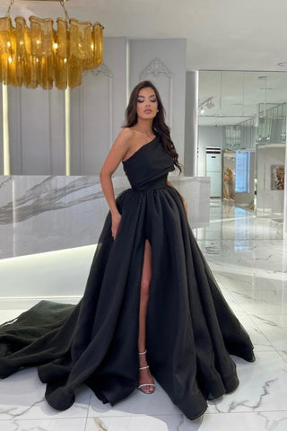 Black A-Line One Shoulder Long Sleeveless Evening Dresses with Split
