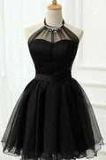 Schwarzes A-Linien-Tüll-Halter-Ärmelloses Kurzes Ballkleid