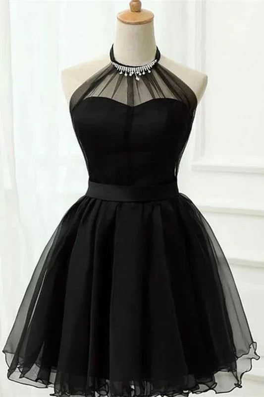 Schwarzes A-Linien-Tüll-Halter-Ärmelloses Kurzes Ballkleid