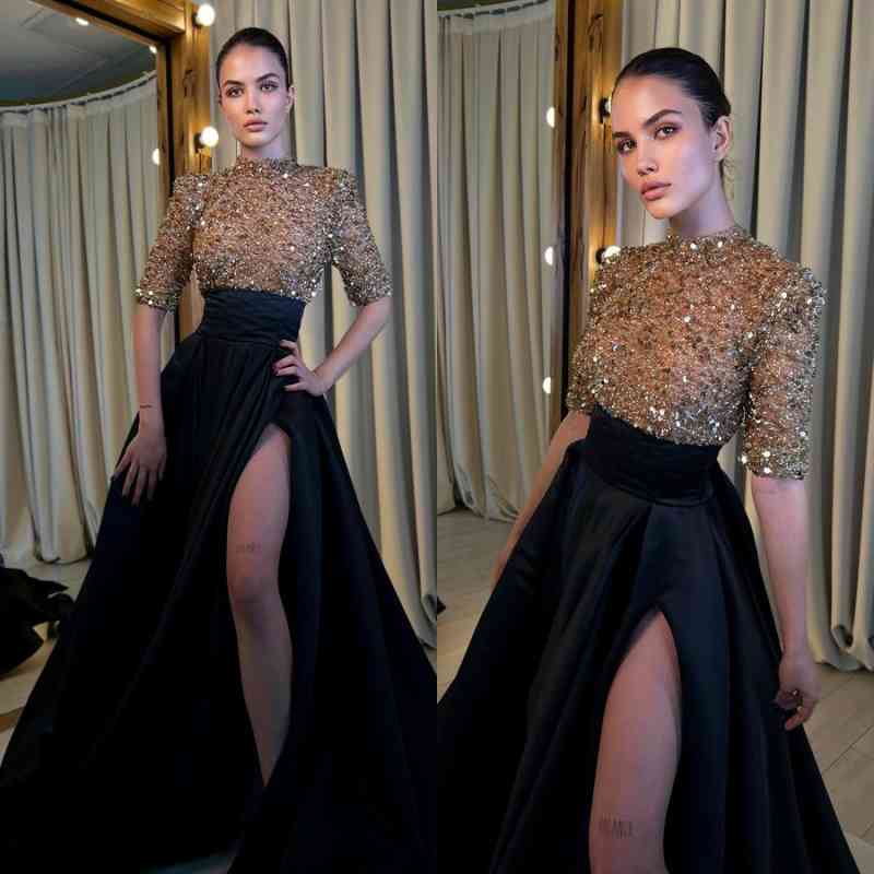 Black and Champagne Long Sleeves Mermaid Evening Dresses with Slit