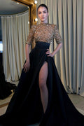 Vestidos de Noche Largos de Manga Larga Color Negro y Champán con Cola de Sirena y Abertura
