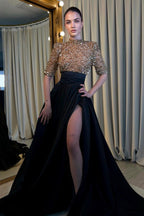 Schwarze und Champagner lange Ärmel Meerjungfrau Abendkleider mit Schlitz