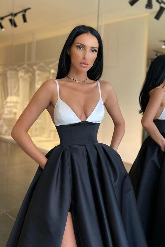 Black and White Long A-line V-neck Spaghetti Straps Prom Dress with Slit