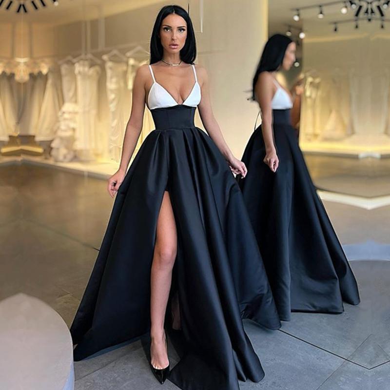 Black and White Long A-line V-neck Spaghetti Straps Prom Dress with Slit