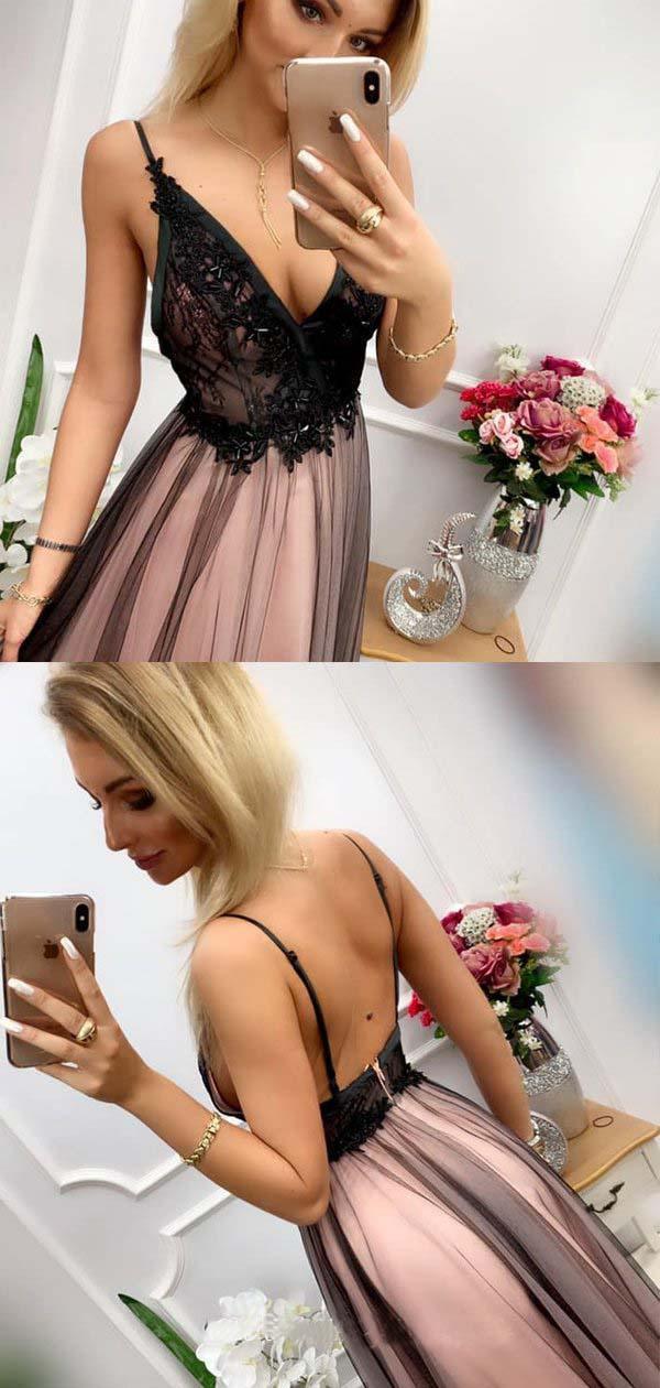 Vestidos de festa em tule com strass e missangas pretas, decote em V, alças finas, corte A, PSK030
