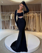 Black Beaded Sweetheart Long Sleeve Mermaid Evening Dress with Gloves
