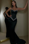 Vestido de Noche Negro Largo de Sirena con Corazón Dulce y Tirantes con Abalorios