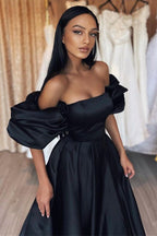 Black Bubble Sleeves Strapless Mermaid Long A-line Satin Evening Dresses