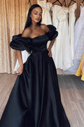 Vestidos de noche largos negros de satén, sin tirantes, mangas burbuja, silueta sirena y princesa