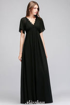 Black Chiffon A-line Bridesmaid Dress V-Neck Floor Length