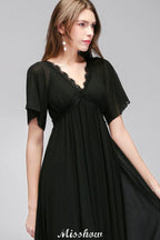 Black Chiffon A-line Bridesmaid Dress V-Neck Floor Length