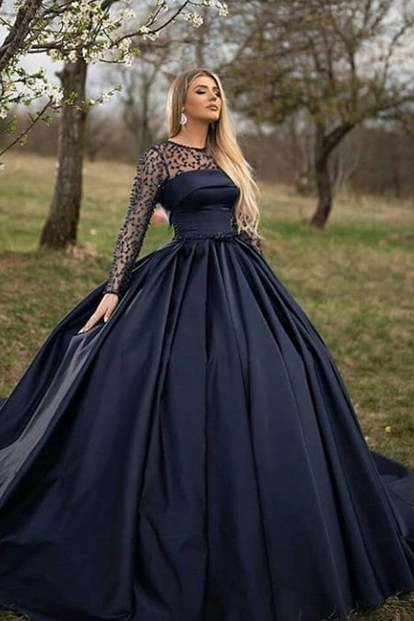 Schwarzes langes A-Linien-Bateau-Satin-Ballkleid mit Ärmeln