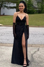 Black Long A-line V-neck Spaghetti Straps Lace Satin Formal Prom Dress With Slit by BIZTUNNEL