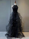 Robe de bal formelle longue et sirène en tulle à sequins avec col bénitier noir
