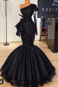 Robe de bal sirène longue une épaule noire paillettes avec manches