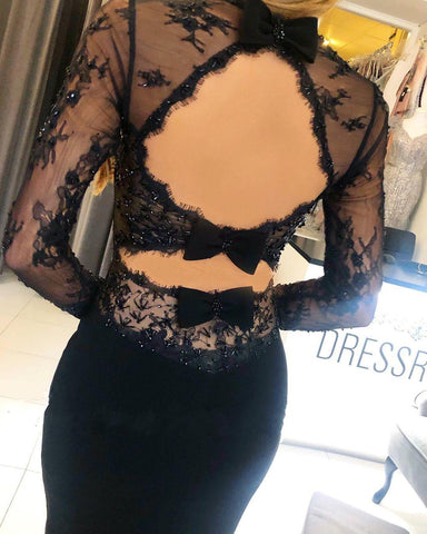 Black Long Mermaid Square Neckline Backless Prom Dress with Sleeves