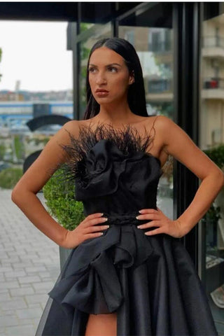 Black Long A-line Strapless Satin Split Evening Dresses with Feather