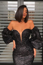 Vestidos de baile pretos compridos com lantejoulas e ombros descobertos, estilo sereia, com mangas amovíveis